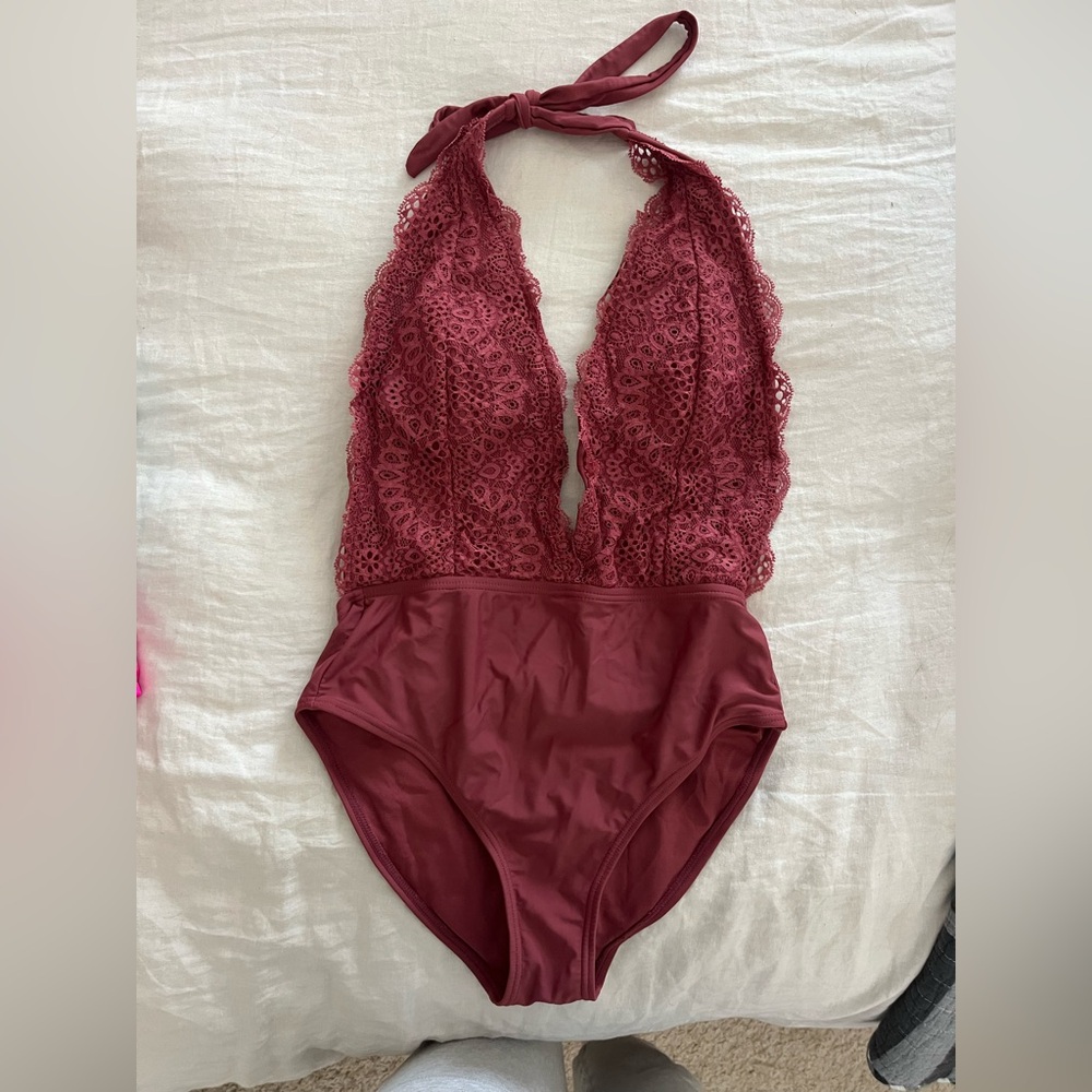 Burgundy Lace Halter Swimsuit